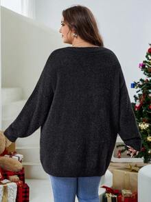 SHEIN CURVE+ Plus Size Autumn/Winter Casual Christmas Snowflake Pattern Bead Imitation Mink Fur Black Pullover Sweater Winter - Black - View 2