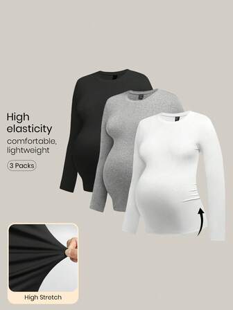 Modmama 3pcs/Set Maternity Casual Round Neck Long Sleeve Fitted Pregnancy T-Shirt Set