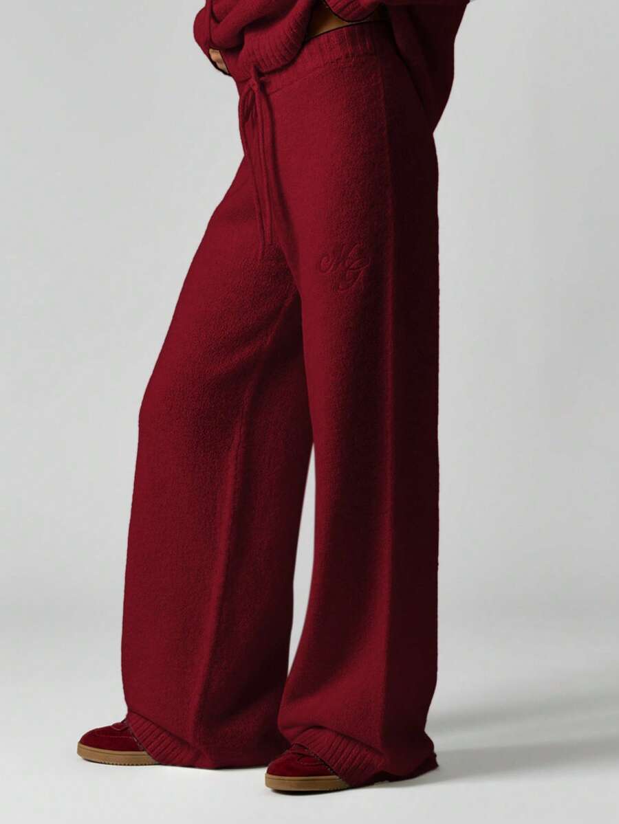 MISSGUIDED Quần ống rộng dệt kim cạp cao dành cho nữ có chi tiết logo, cạp rút dây thoải mái cho mùa đông - Màu Đỏ Sâu - Xem 1