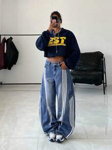 StreetHx Women's High Waist Pocketed Striped Flared Leg Casual Jeans - Medium Wash - View 7