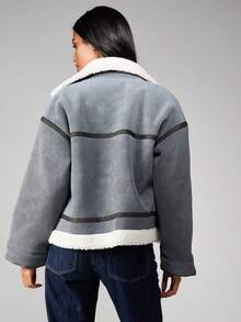 MISSGUIDED Áo khoác phi công giả lông cừu có viền tương phản cho mùa đông - Xám - Xem 2