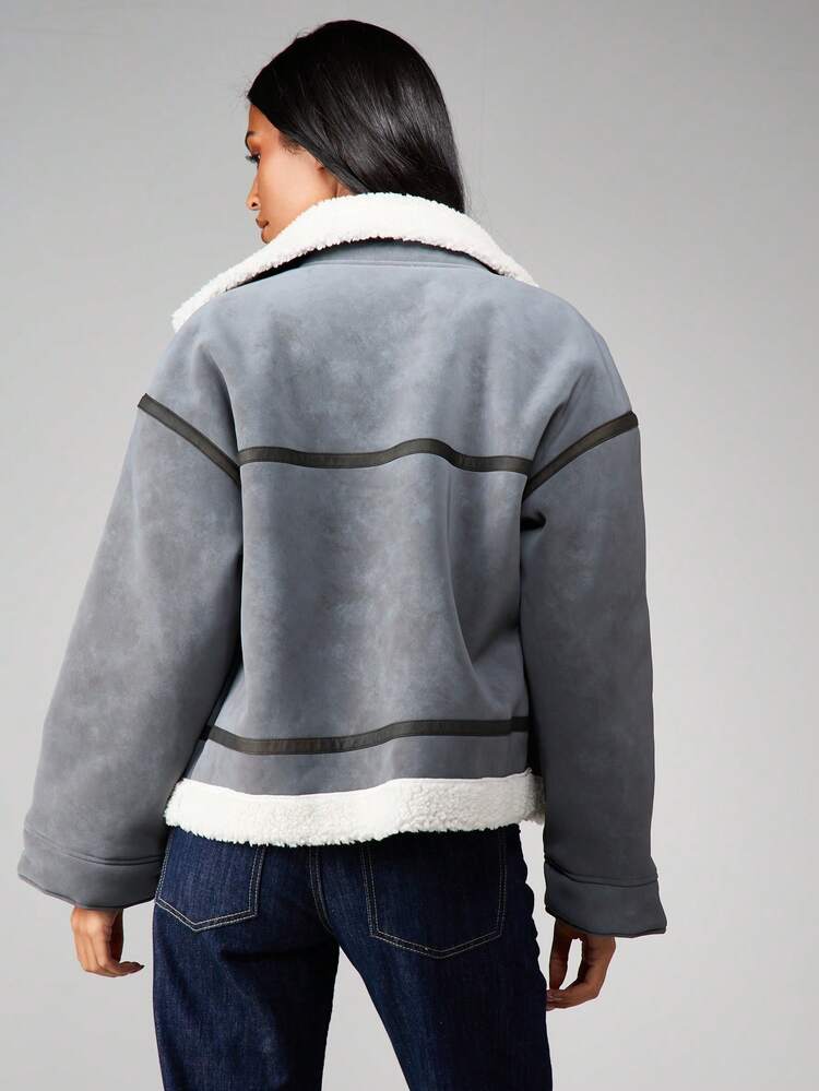 MISSGUIDED Faux Shearling Aviator Jacket With Contrast Trim Winter Outerwear