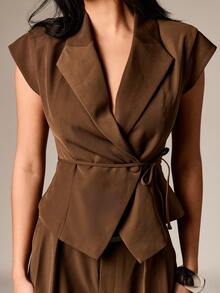 AiiRZ Áo ghi lê tay lửng thắt lưng màu nâu, thiết kế riêng cho công sở - Cà phê nâu - Xem 3