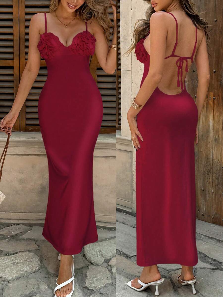 INAWLY Women's Summer New Solid Color Ruffle Decor V Neck Dress - Burgundy - View 1