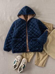 PrepCrw 1 件青少年男孩优雅学院风休闲都市海军蓝天鹅绒菱形格子连帽长袖棉衣，适合外出、聚会、返校、冬季