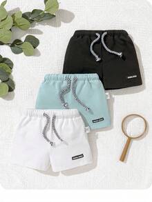 Newborn Boys' Decorative Patchwork Drawstring Waistband Casual Shorts 3pcs Set - Multicolor - View 2