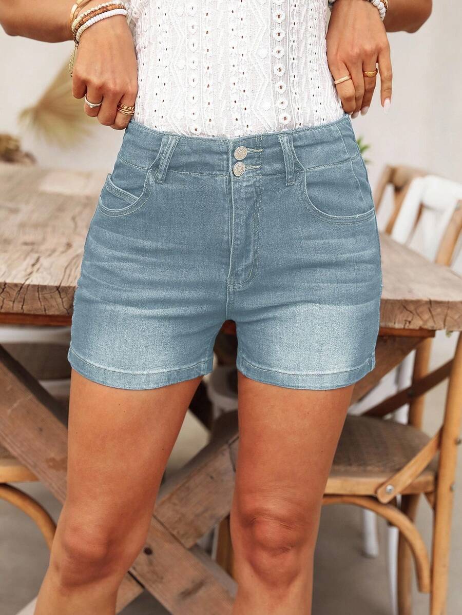 EMERY ROSE Quần short denim túi xéo giặt thời trang nữ, mùa hè - Màu xanh lam - Xem 1
