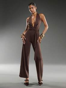 Normani 夏季海滩度假紧身性感深 V 结假日连体裤，适合日常约会、夜间外出、夜总会、派对、聚会、鸡尾酒会、泳池派对、开学季服装、学校季节、假日服装、音乐节服装、乡村音乐节服装、音乐会服装 - 棕色 - 查看 5