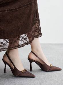 CUCCOO BIZCHIC Women Shoes Fashionable Brown Glossy Material Slingback Temperament Small Square Toe Stiletto Shoes Suitable For Commuting Dating Parties Holiday Parties And Other Occasions To Wear - Brown - View 5
