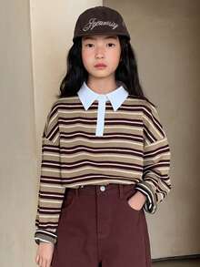 Dazy Kids 少女秋季服装翻领条纹撞色长袖T恤，春季 - 棕色 - 查看 7