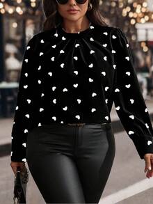 EMERY ROSE Plus Size Women's Heart Print Round Neck Long Sleeve Casual Commuter Fashionable Elegant Sweet Versatile Blouse, Suitable For Valentine's Day - Multicolor - View 1