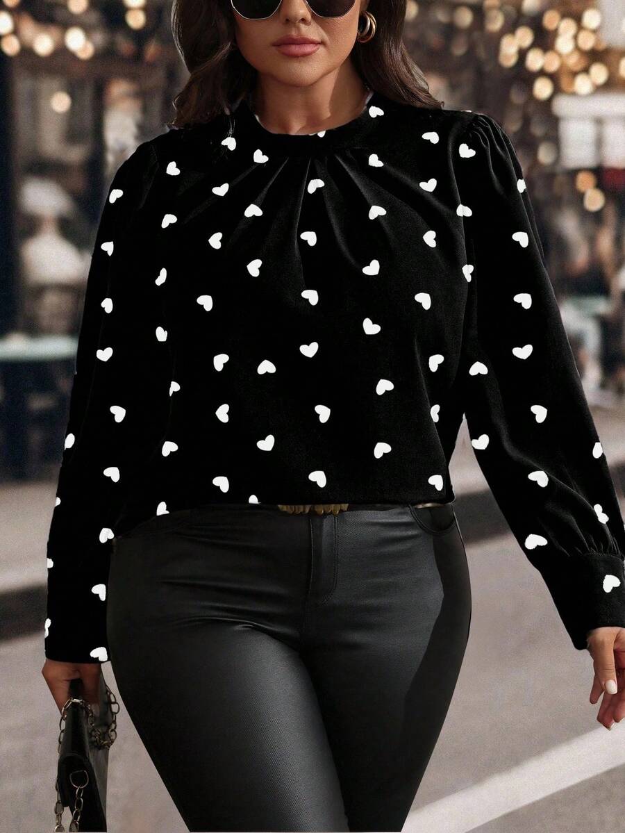 EMERY ROSE Plus Size Women's Heart Print Round Neck Long Sleeve Casual Commuter Fashionable Elegant Sweet Versatile Blouse, Suitable For Valentine's Day - Multicolor - View 1