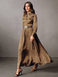 Anewsta 优雅通勤系带卡其色长袖缎面连衣裙（女款） - 卡其色 - 查看 4