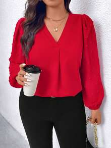 Elenzga Plus Size Women's Solid Color V-Neck Lantern Sleeve Casual Shirt