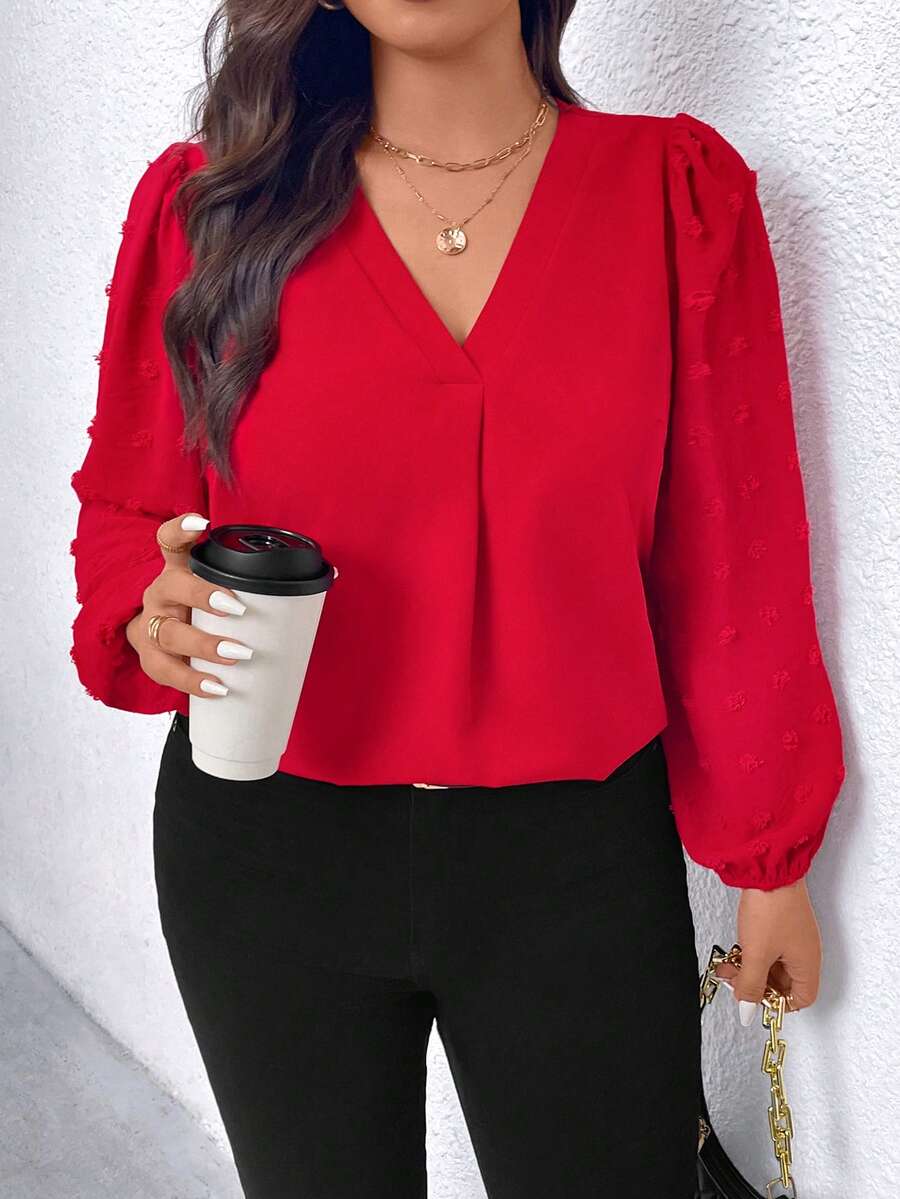 Elenzga Plus Size Women's Solid Color V-Neck Lantern Sleeve Casual Shirt