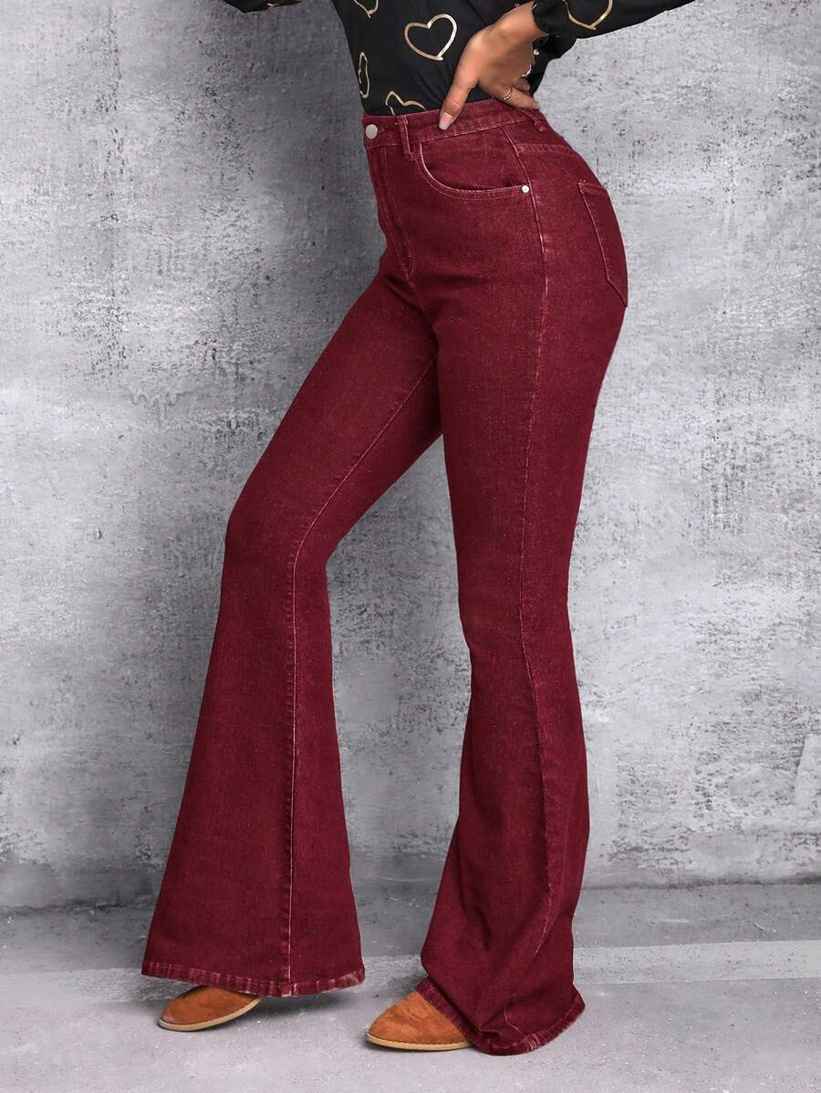 SHEIN Tall 女士高腰口袋喇叭休闲百搭牛仔裤 - 紅色 - 查看 1