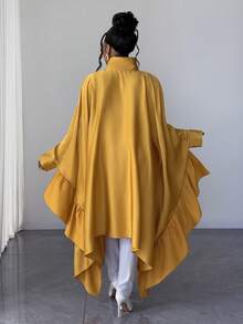 Maweii Plusstorlek damblus med enkelknäppt volang och fladdermusärm, lös mode - Gul - Visa 2