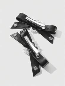 ROMWE Grunge Punk 2 chiếc kẹp tóc kiểu Y2K cổ điển, thanh lịch, punk gothic, bằng da đen, có hai lỗ thông hơi và nơ trang trí, thích hợp làm quà tặng cho chị em gái, bạn bè để đeo hàng ngày hoặc quà tặng ngày lễ, Halloween. - Màu đen - 15 - Xem 7