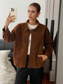 DAZY Thick Flocked Jacket Coat For Women, Loose Casual Hong Kong Style Outerwear, Autumn/Winter - Brown - View 6