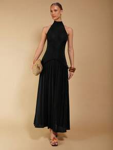 COSMINA Rochie plisată cu imprimeu halter pentru femei, culoare uni - Negru - Vizualizare 3