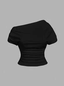 SHEIN MOD 大码女式针织提花黑白条纹斜肩上衣，黑白条纹，罗纹针织，腰部和袖子侧边均有褶皱，休闲简约，女式上衣 - 黑色 - 查看 2