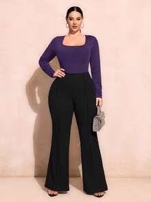 SHEIN SXY Plus Size Women's Solid Color Square Neck Long Sleeve Casual Bodysuit/Fall/Winter