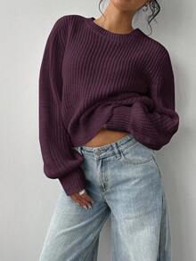 SHEIN BASICS Maglione casual da donna a girocollo, tinta unita, manica lunga, autunno/inverno - Viola - Visualizzare 5