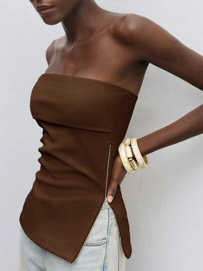 Maija Top tubo de unicolor con cremallera lateral, elegante y moderno para uso urbano y diario, versátil y romántico, casual de los 90, apropiado para invitados de boda, anfitriones, citas, fiestas, conciertos, actuaciones, desayunos/té, aeropuertos y múltiples ocasiones como Día de San Patricio, Pascua, verano, vacaciones, salidas, graduación