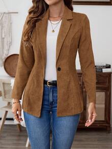 EMERY ROSE Women's Solid Color Single-Breasted Fitted Elegant Long Sleeve Blazer - Khaki - View 7