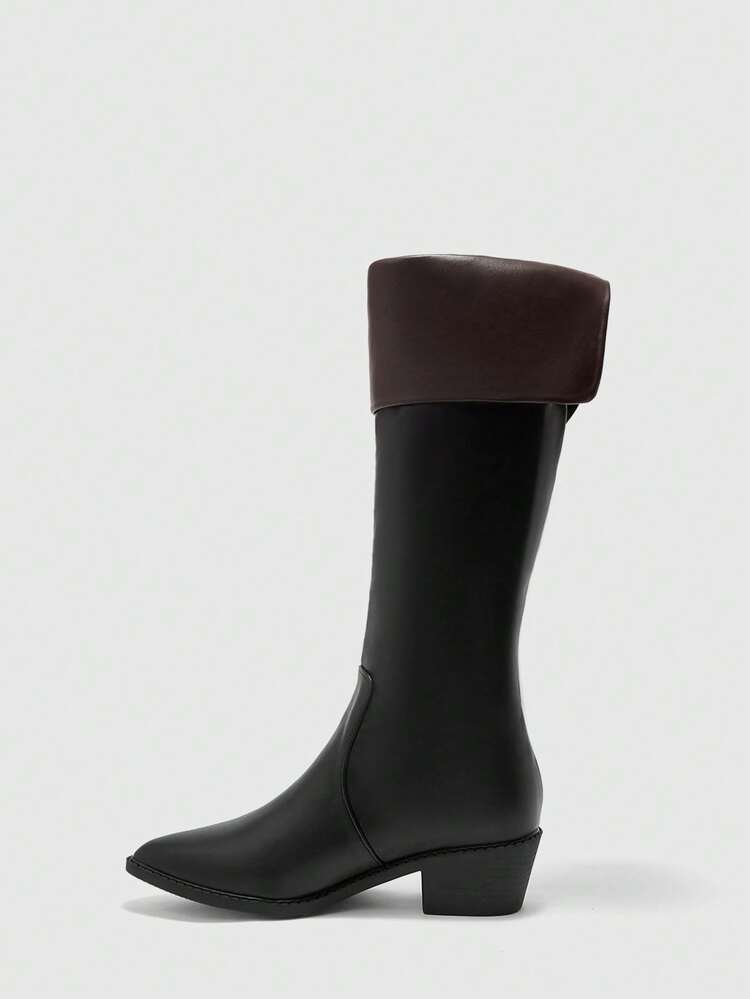 CUCCOO BIZCHIC Botas de caña media con puntera puntiaguda y tacón grueso para mujer, diseño plegable, elegante y de moda en piel sintética negra, adecuadas para el uso diario, compras, té de la tarde, Navidad, Halloween