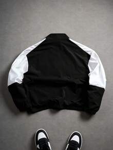 PAVTROS Men's Letter Print Long Sleeve Casual Loose Jacket Custom Jacket Racing Jacket Black And White Jacket Streetwear Jacket Romwe Jacket - Multicolor - View 2