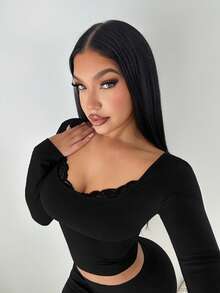 SHEIN SXY 蕾丝领拼接性感可爱黑色长袖T恤 - 黑色 - 查看 8