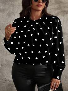 EMERY ROSE Plus Size Women's Heart Print Round Neck Long Sleeve Casual Commuter Fashionable Elegant Sweet Versatile Blouse, Suitable For Valentine's Day - Multicolor - View 5