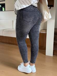 SHEIN CURVE+ Plus Size Women Pocket Skinny Casual Versatile Jeans, High-Waist Asymmetric Design Stretch Slim Denim Pants, Dark Wash, Summer, Casual, Everyday Flare Pants - Black - View 6