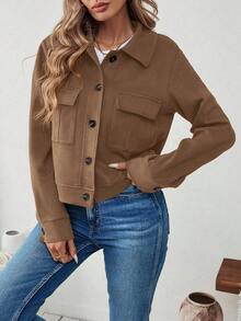 EMERY ROSE 女士麂皮纯色长袖单排扣休闲实用口袋修身夹克 - 駝色 - 查看 5