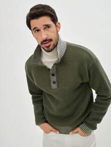 EGENSIO Men's Striped Polo Neck Long Sleeve Casual Sweater, Autumn/Winter Men Buttoned Knitted Polo Mens Clothing - Army Green - View 7