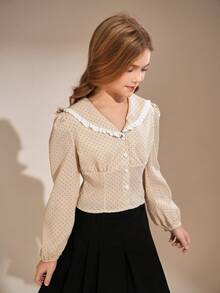 Tween Girl Polka Dot Long-Sleeve Blouse – Sweet Peter Pan Collar With Ruffled Trim, Button-Front Design, Flowy Puff Sleeves, Soft Lightweight Fabric, Adorable Beige & Pink Pattern, Perfect For School, Parties, Casual Outings – Feminine Shirt Spring Autumn Wardrobe - Beige - View 6