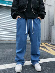 Manfinity Hypemode 加大码男士宽松休闲美式弹力腰带牛仔裤，带口袋 - 藍色 - 查看 4