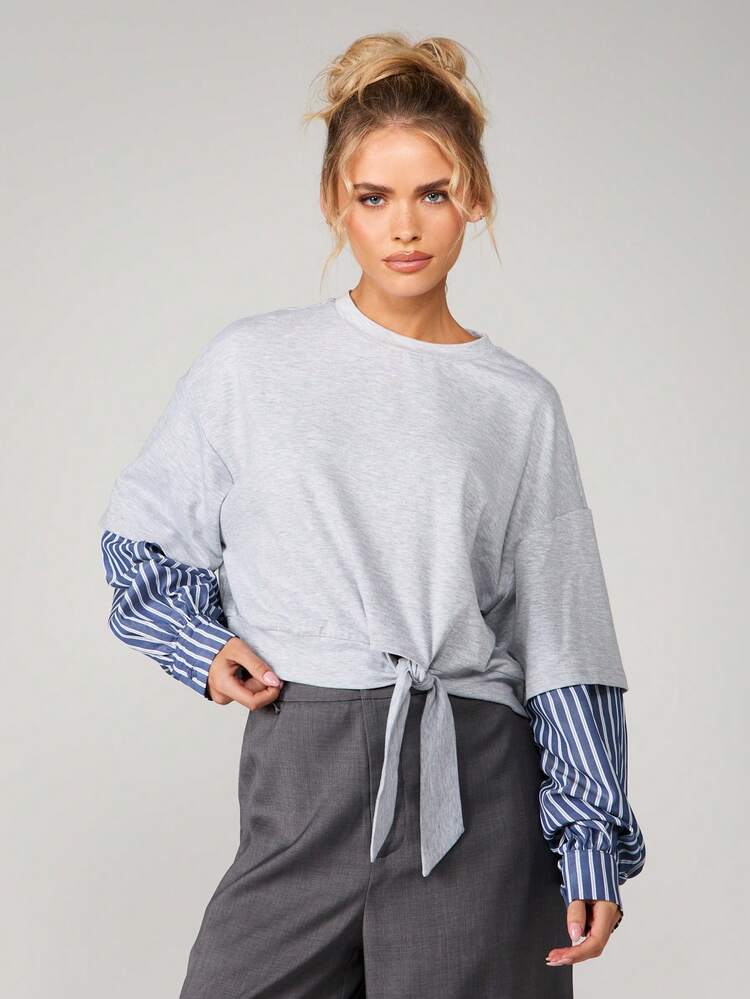 MISSGUIDED Heather Grey Jersey Tee With Blue Striped Sleeves And Front Tie Detail