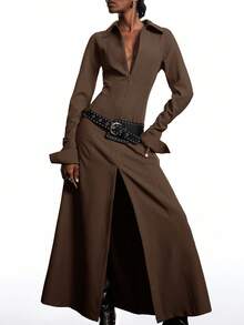 LYSMO Đầm thường ngày tay dài màu trơn có khóa kéo phía trước xẻ tà cho nữ - màu nâu - Xem 7