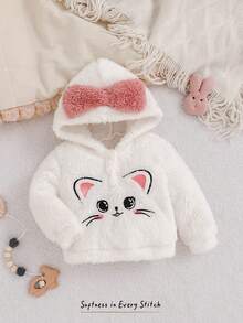 Cozy Pixies Newborn Baby Girl Cartoon Cat Pattern Contrast Color Bow Hooded Long Sleeve Pullover Top