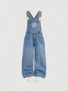 Young Girl Y2K Washed Blue Denim Bib Overalls,Fall Clothes,Winter Clothing ,Casual And Fashionable Vacation Outfits,Street Wear,2000s Style ,Christmas - Light Wash - View 5
