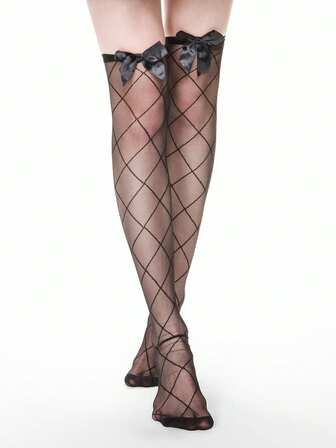 Goth 1 par de calcetines sobre la rodilla con lazo negro en estilo lindo, calcetines largos con diseño de diamantes en estilo minimalista, calcetines en estilo JK