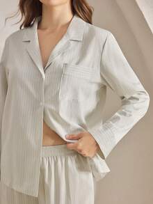 Ocili Set de pijamale din in cu dungi și guler cu nasturi, confortabil, mânecă lungă și pantaloni, toamnă elegantă