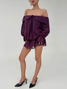 Aloruh Women's Solid Color Front Tie Off Shoulder Long Sleeve Ruffle Hem Fashionable Mini Dress - Purple - View 6