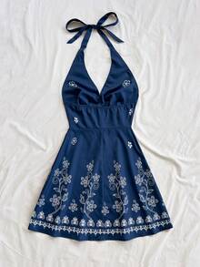 Soleia 蓝白花卉复古印花露背系带吊带浪漫休闲度假连衣裙，适合派对、约会、情人节、复活节、狂欢节、下午茶、海滩、邮轮、城市度假等场合，波西米亚风，浪漫花卉图案 - 彩色 - 查看 2