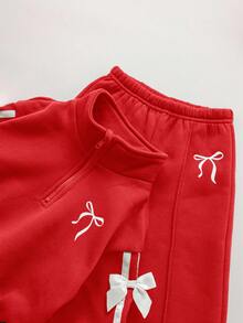 SHEIN Babygirl Cute Versatile Gray Bow Collar Sweatshirt Set, Autumn/Winter - Red - View 5