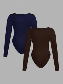 Auralis Plus Size Women's Autumn And Winter Business Casual Women Cruise Women Outfits Fall Women Clothes New Fashion Casual Commuting Elegant Solid Color Black And White Basic Tight U-Neck 2-Piece Long Sleeves Woman Bodysuit Leotard - Multicolor - View 2