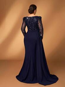 Serin Đầm dạ hội cỡ lớn sang trọng, thanh lịch màu xanh navy, đính sequin, thêu họa tiết, cổ bất đối xứng, tay dài, xếp ly, vạt áo kiểu đuôi cá, thích hợp cho tiệc tối, tiệc độc thân, hẹn hò, dạ hội, kỳ nghỉ, đám cưới, mẹ cô dâu, khách mời, ngày Valentine. - Màu xanh hải quân - Xem 3