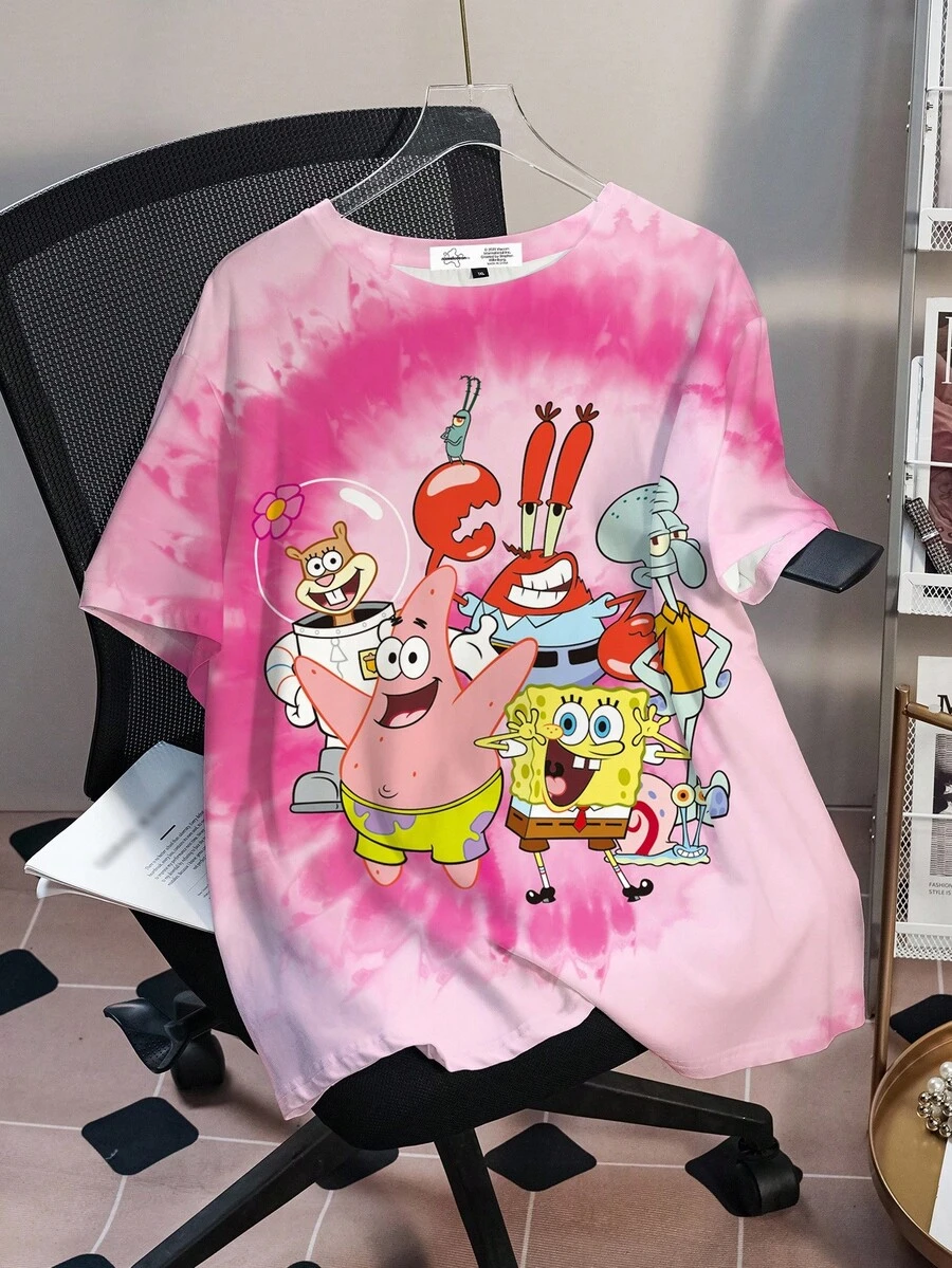 SpongeBob SquarePants | SHEIN Camiseta de manga corta con cuello redondo, estampado de dibujos animados y teñido anudado, talla grande, para verano - Blanco - Ver 1